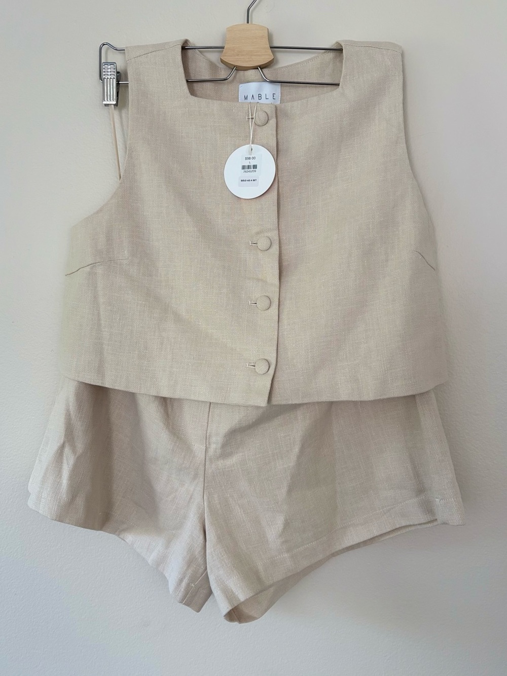 Mable Linen Blend Matching Set Shorts & Button Front Crop Top Neutral L